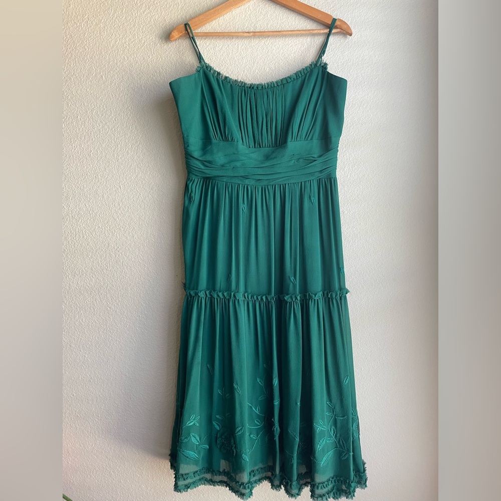 Intuitions Silk Embroidered Midi Dress Green Floral Sleeveless Size 12